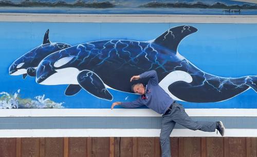 As close as Andy got to swimming with the orcas.  Mural in Prince Rupert